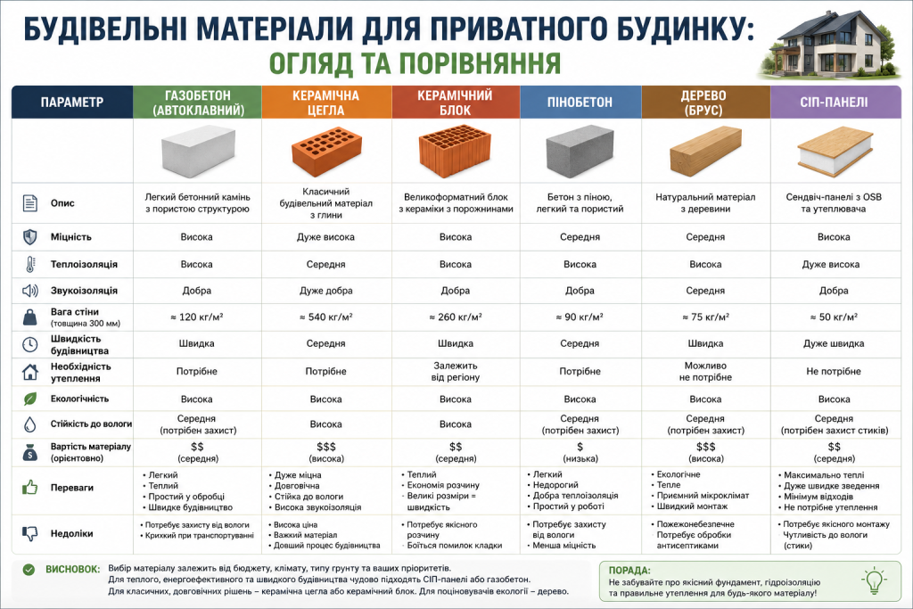 Порівняльна таблиця шести будівельних матеріалів для приватного будинку: газобетон, керамічна цегла, керамічний блок, пінобетон, дерево та СІП-панелі — за міцністю, теплоізоляцією, вагою, вартістю та іншими характеристиками