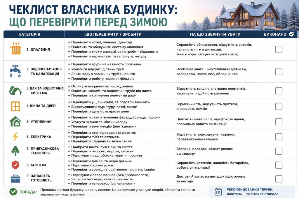 Таблиця-чеклист підготовки будинку до зими з 9 категоріями: опалення, водопостачання, дах, вікна та двері, утеплення, електрика, прибудинкова територія, безпека та запаси