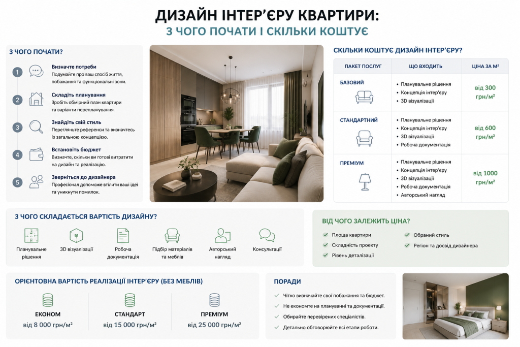 Інфографіка з пакетами послуг дизайну інтер'єру, цінами за м² та порадами щодо вибору дизайнера