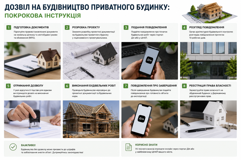 Інфографіка з 8 кроками оформлення дозволу на будівництво приватного будинку в Україні через Дію та ЦНАП
