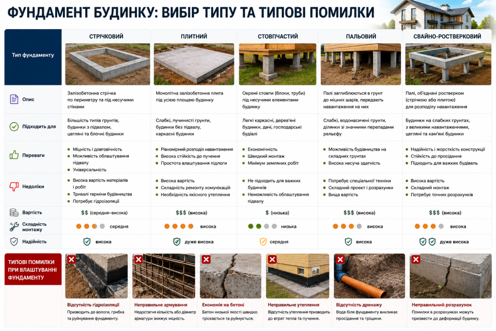 Інфографіка з порівнянням п'яти типів фундаментів — стрічкового, плитного, стовпчастого, пальового та свайно-ростверкового — з їх перевагами, недоліками та типовими помилками при влаштуванні