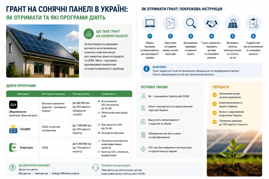 Інфографіка про програми грантів на сонячні панелі в Україні (єВідновлення, ГрінДІМ, Енергодім) та покрокова інструкція оформлення