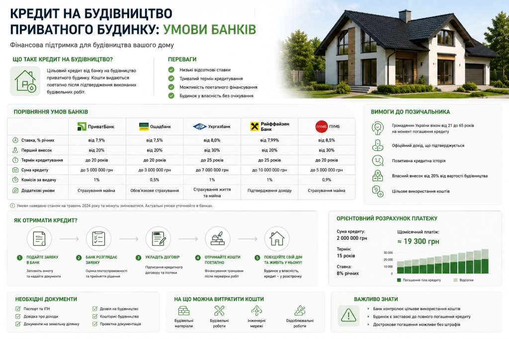 Інфографіка з порівнянням умов кредитування на будівництво від ПриватБанку, Ощадбанку, Укргазбанку, Райффайзен Банку та ПУМБ з прикладом розрахунку щомісячного платежу