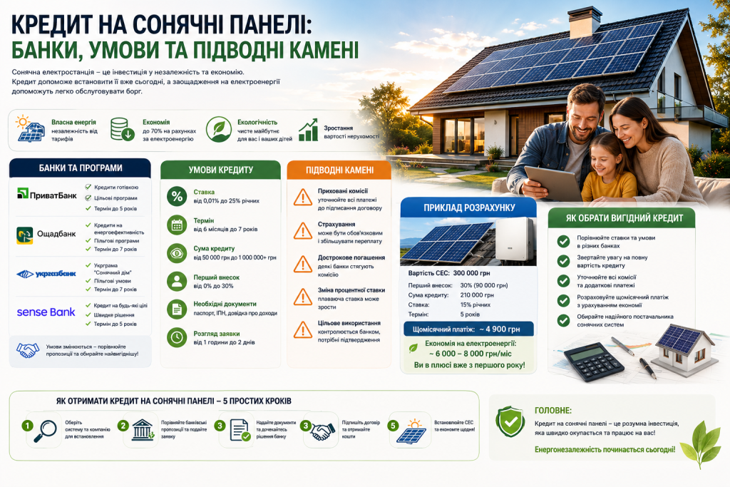 Інфографіка про кредитування сонячних електростанцій в Україні з порівнянням банківських програм, умовами кредиту, прикладом розрахунку та покроковою інструкцією отримання