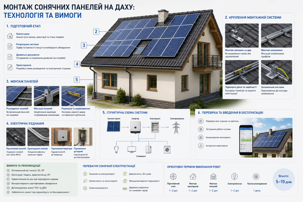 Інфографіка з покроковою технологією монтажу сонячних панелей на даху будинку: підготовчий етап, кріплення, електричні з'єднання, структурна схема системи та терміни виконання робіт