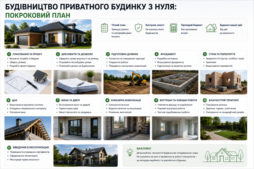 Інфографіка з 11 кроками будівництва приватного будинку від планування та фундаменту до введення в експлуатацію