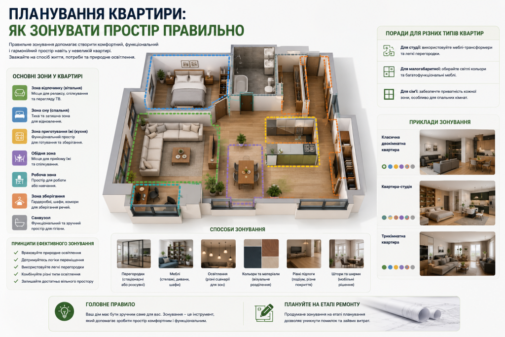 Інфографіка з 3D-планом квартири та кольоровим зонуванням основних зон, способами розподілу простору та порадами для різних типів квартир