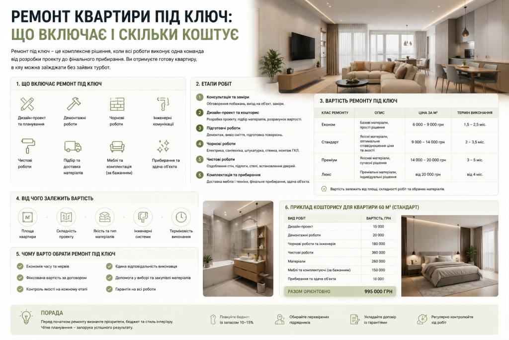 Інфографіка з етапами, вартістю та прикладом кошторису ремонту квартири під ключ різних класів