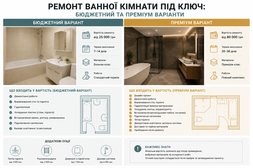 Інфографіка з порівнянням бюджетного та преміум ремонту ванної кімнати під ключ з цінами та переліком робіт
