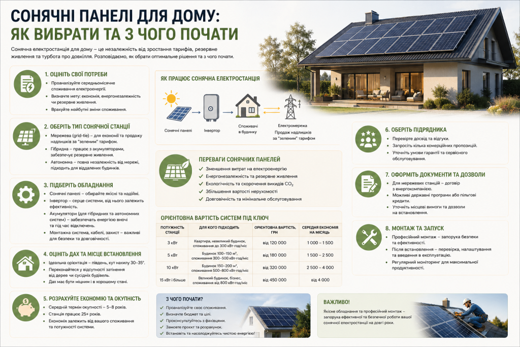 Інфографіка з покроковим керівництвом вибору та встановлення сонячних панелей для приватного будинку
