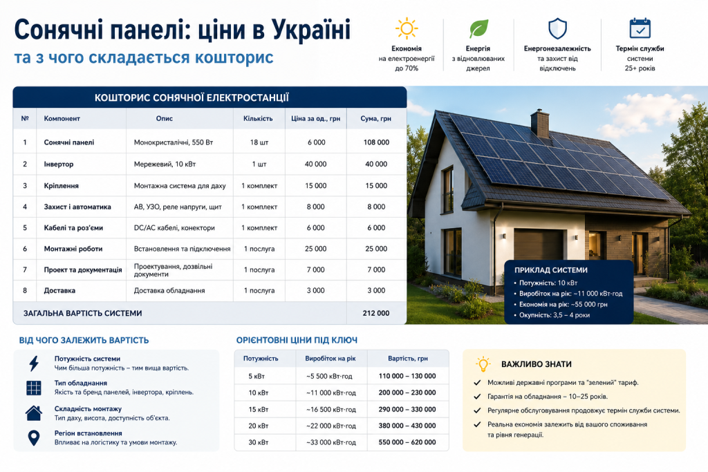 Інфографіка з кошторисом сонячної електростанції 10 кВт та орієнтовними цінами під ключ для будинку в Україні