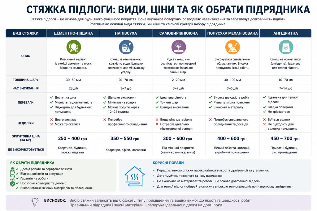Порівняльна таблиця видів стяжки підлоги з цінами, перевагами та порадами щодо вибору підрядника