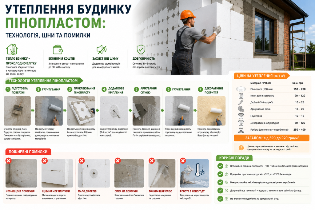 Інфографіка про утеплення фасаду пінопластом з сімома кроками технології, таблицею цін на матеріали та роботу, поширеними помилками та корисними порадами