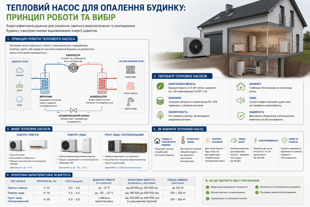 Інфографіка з принципом роботи теплового насоса, видами та критеріями вибору для опалення будинку