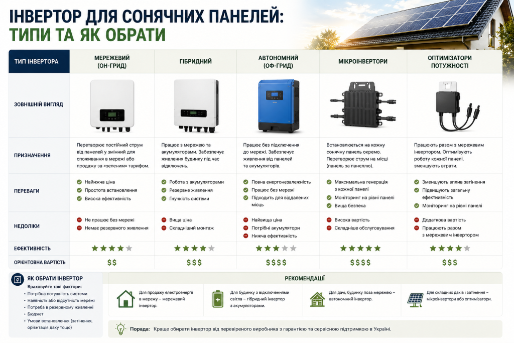 Порівняльна таблиця п'яти типів інверторів для сонячних панелей — мережевого, гібридного, автономного, мікроінверторів та оптимізаторів потужності — з їх характеристиками та рекомендаціями