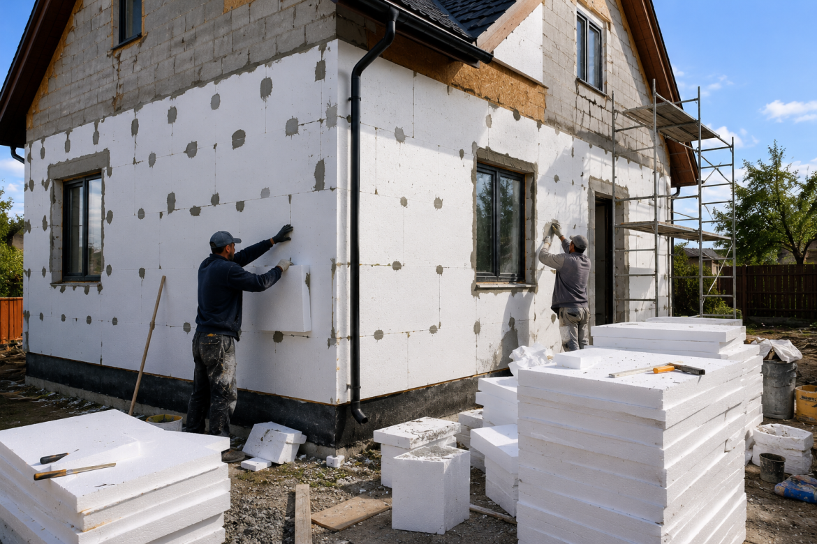 Двоє майстрів приклеюють листи пінопласту до зовнішніх стін будинку, поруч лежать стопки плит теплоізоляції та будівельний інвентар