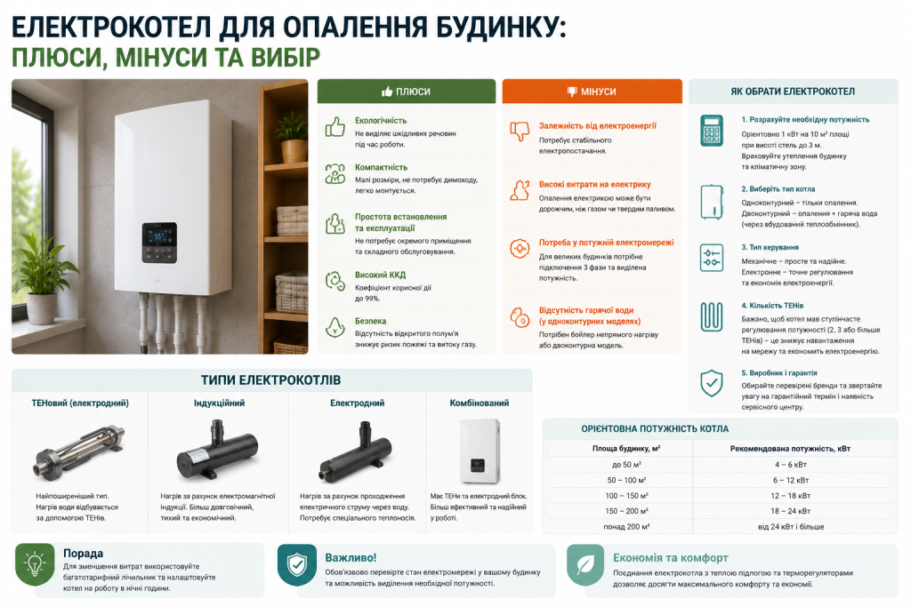 Інфографіка про електрокотли з порівнянням переваг і недоліків, чотирма типами котлів, таблицею розрахунку потужності та порадами щодо вибору