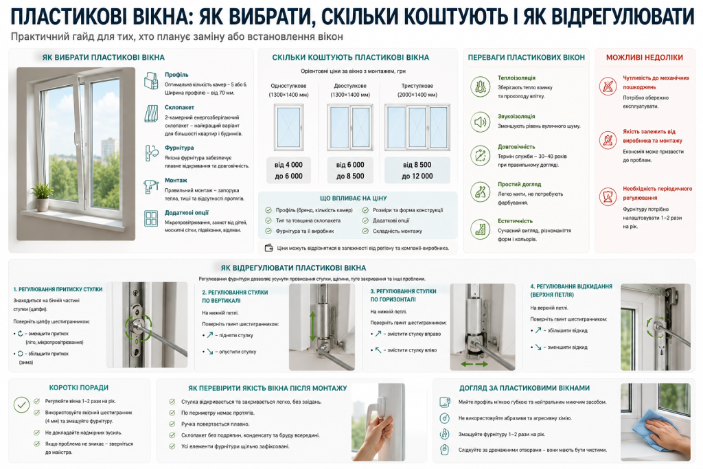 Практична інфографіка про пластикові вікна з критеріями вибору, орієнтовними цінами на різні типи конструкцій, покроковим регулюванням фурнітури та порадами з догляду