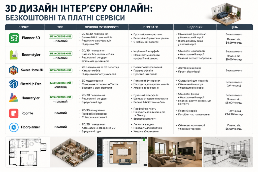 Інфографіка з порівнянням сервісів для 3D дизайну інтер'єру онлайн, їх можливостей та цін