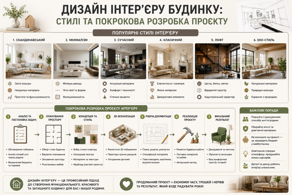 Інфографіка про популярні стилі інтер'єру та етапи розробки дизайн-проєкту
