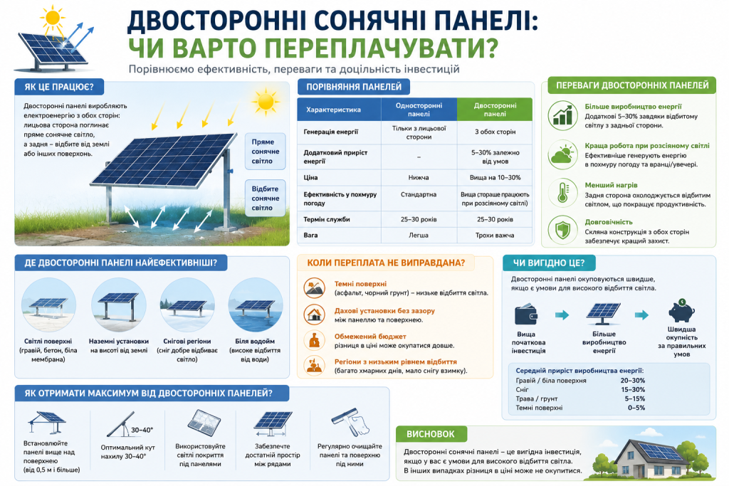 Інфографіка з порівнянням двосторонніх та односторонніх сонячних панелей та їх ефективністю