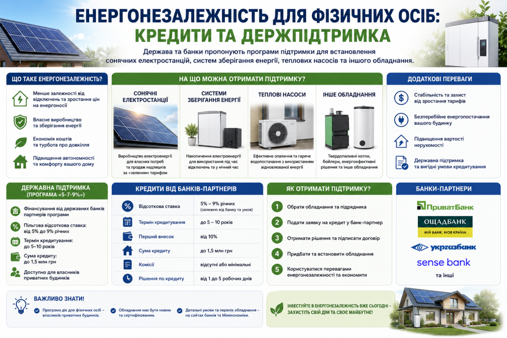 Інфографіка про державні програми підтримки енергонезалежності приватних будинків.