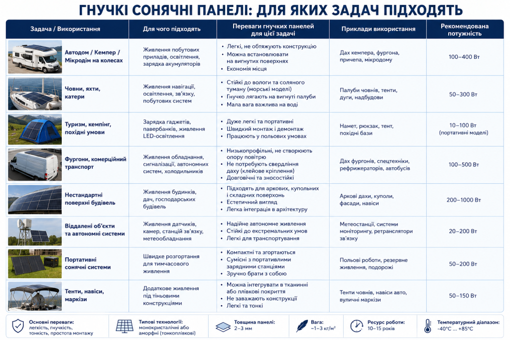 Інфографіка з варіантами використання гнучких сонячних панелей: автодоми, човни, кемпінг, фургони