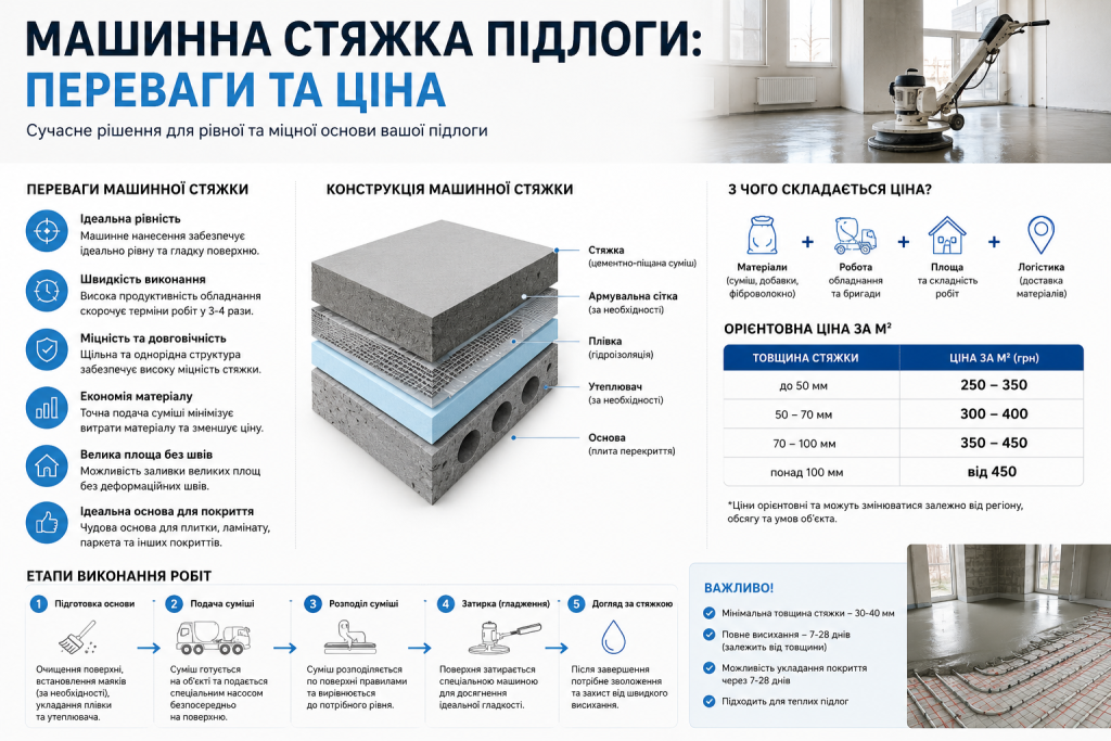 Інфографіка з перевагами машинної стяжки підлоги, конструкцією шарів та цінами за квадратний метр