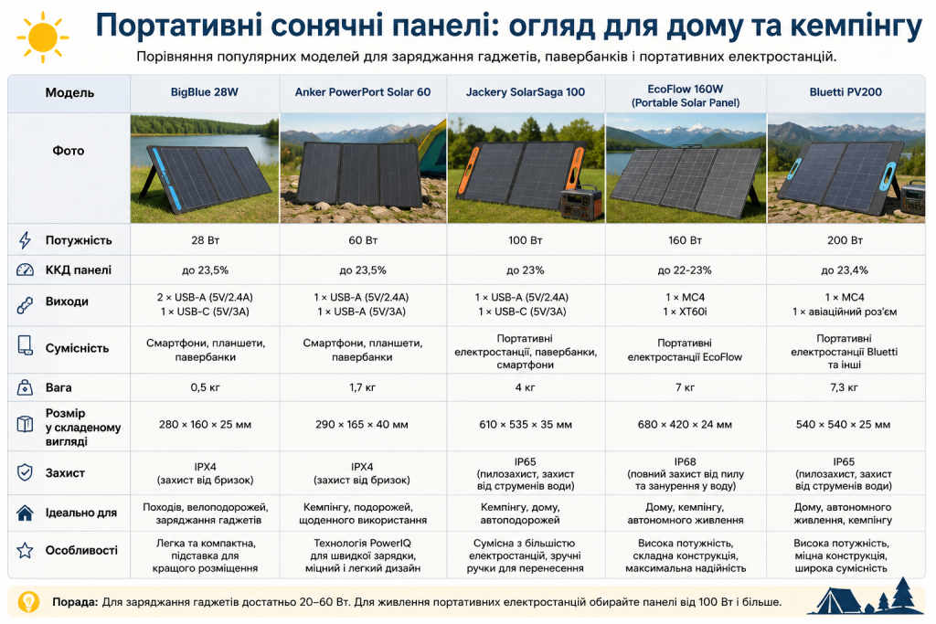 Інфографіка з порівнянням портативних сонячних панелей за потужністю, характеристиками, сумісністю та сферою використання.