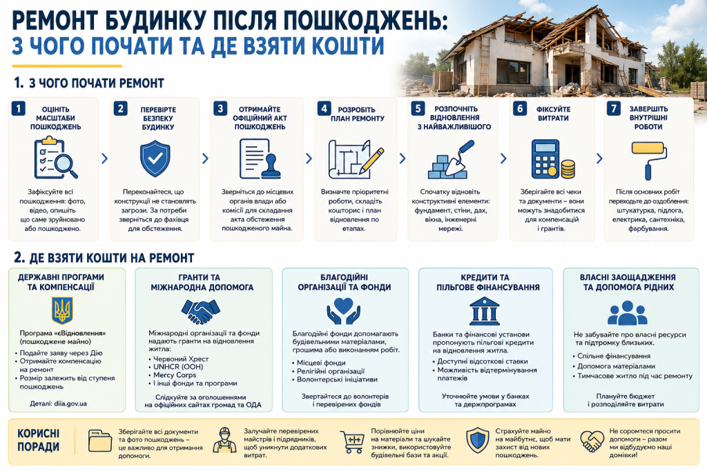 Інфографіка з покроковим планом ремонту пошкодженого будинку та джерелами фінансування відновлення