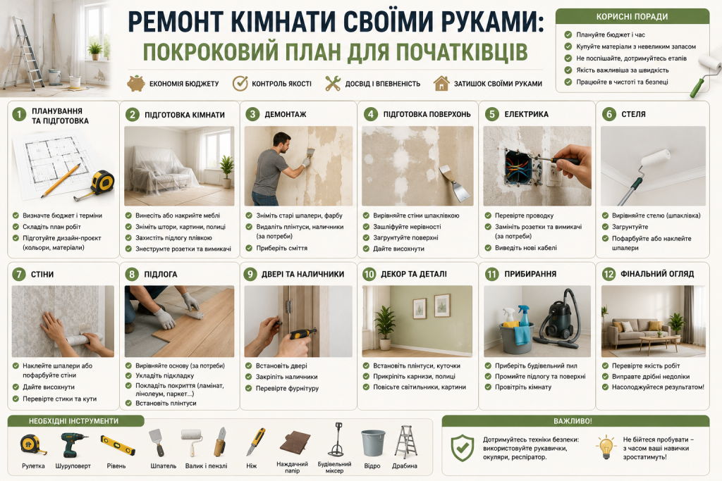 Інфографіка з покроковим планом ремонту кімнати для початківців