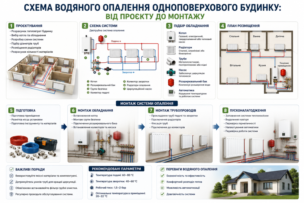 Інфографіка з етапами проєктування та монтажу системи водяного опалення одноповерхового будинку