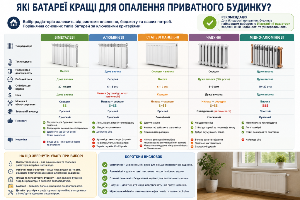 Інфографіка з порівнянням різних типів радіаторів для опалення приватного будинку.