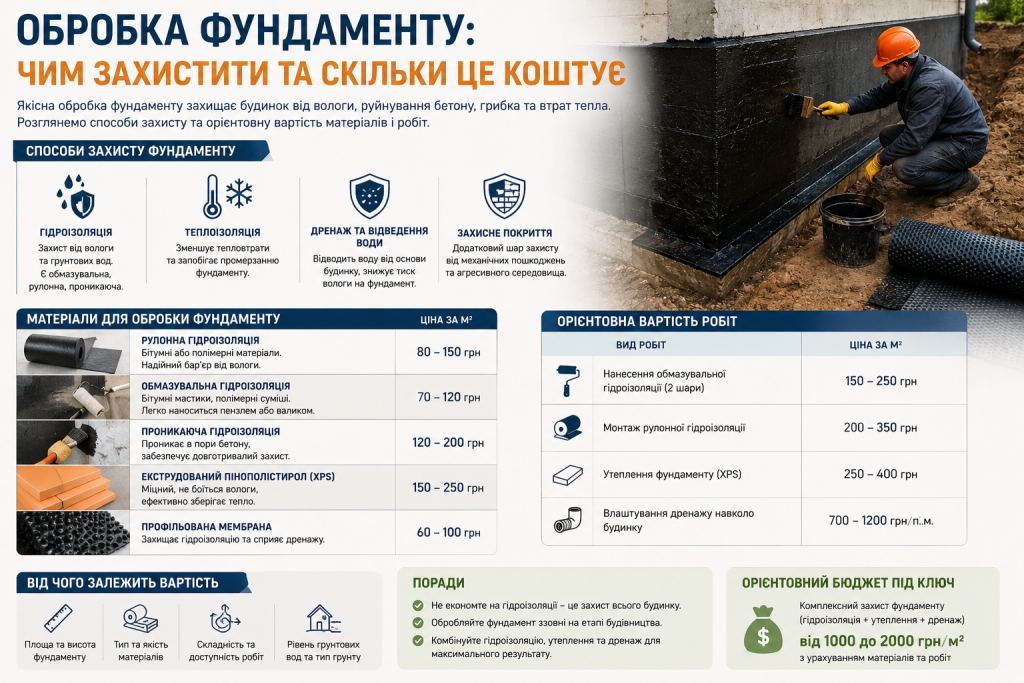 Інфографіка про способи захисту фундаменту від води, морозу та пошкоджень, матеріали для гідроізоляції та орієнтовну вартість робіт.