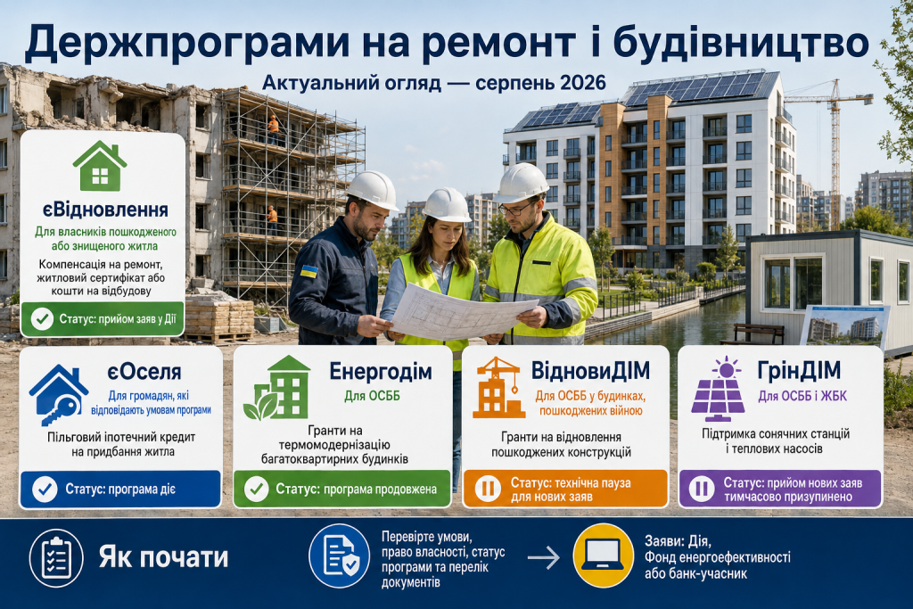 Інфографіка про державні програми України для ремонту, відновлення, енергоефективності та будівництва житла