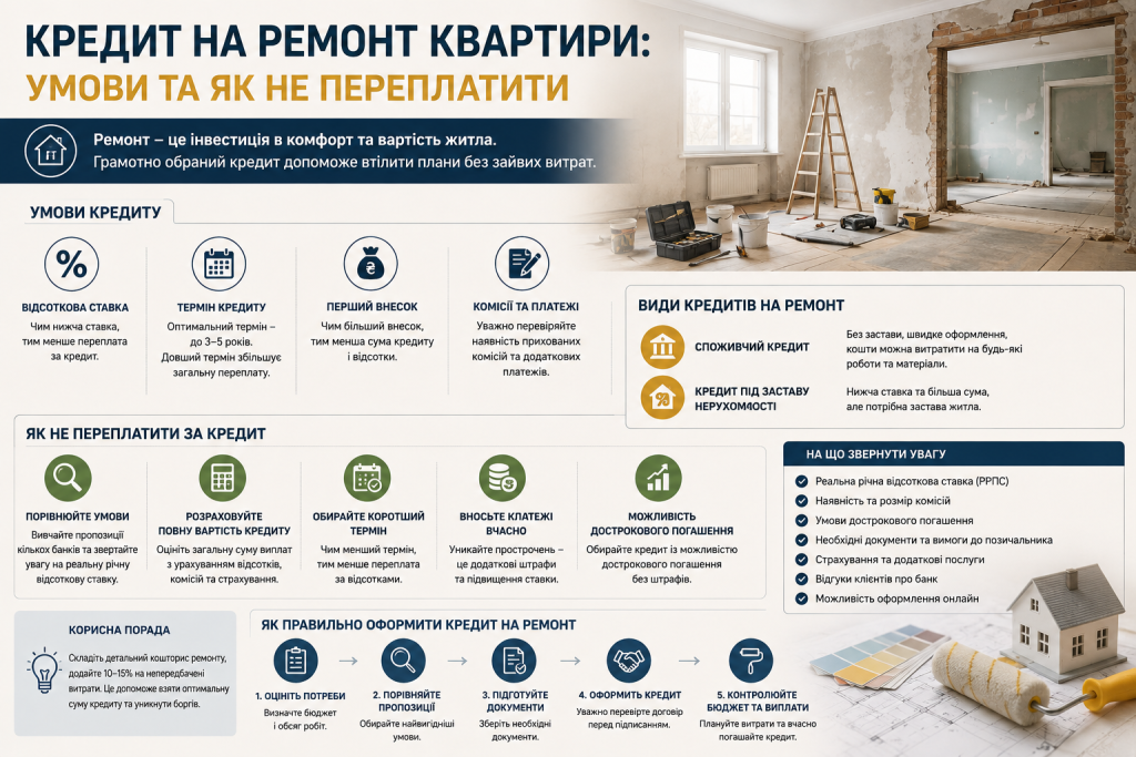 Інфографіка про кредит на ремонт квартири, процентні ставки, умови оформлення, витрати та способи зменшення переплати.