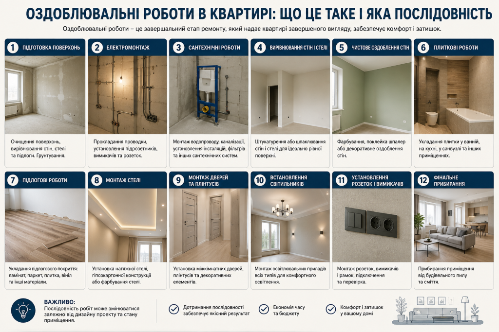 Інфографіка про основні етапи оздоблювальних робіт у квартирі від підготовки поверхонь до фінального прибирання.