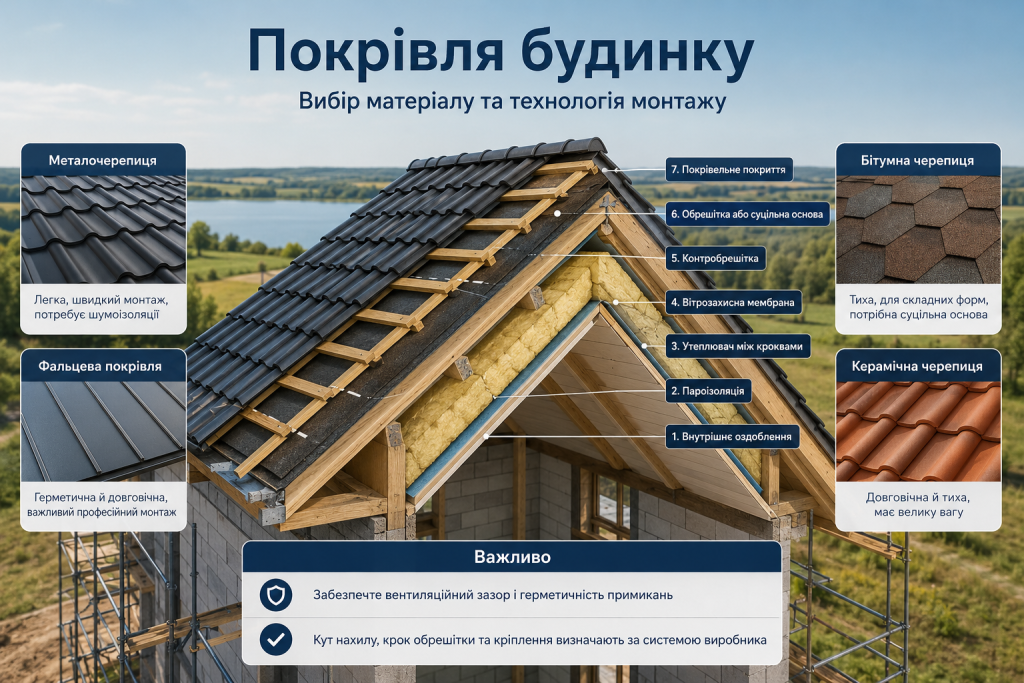 Інфографіка з конструкцією покрівельного пирога та прикладами металочерепиці, фальцевої, бітумної й керамічної покрівлі