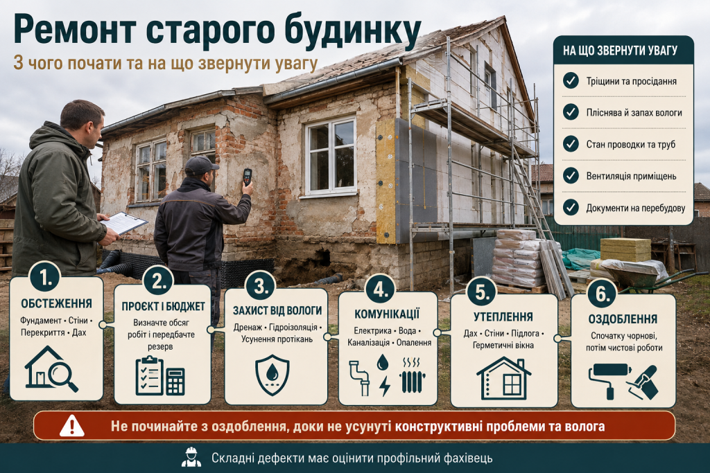 Інфографіка про етапи ремонту старого будинку від обстеження та захисту від вологи до утеплення й оздоблення