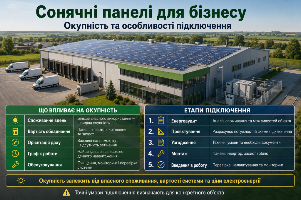 Інфографіка про сонячні панелі для бізнесу, фактори окупності та основні етапи підключення