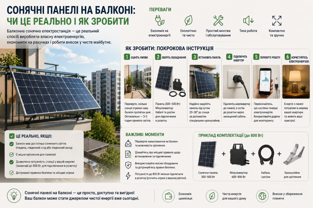 Інфографіка про встановлення сонячних панелей на балконі, необхідне обладнання, переваги та основні етапи підключення.