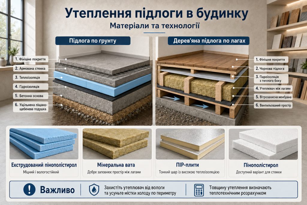 Інфографіка зі схемами утеплення підлоги по ґрунту та дерев’яної підлоги по лагах