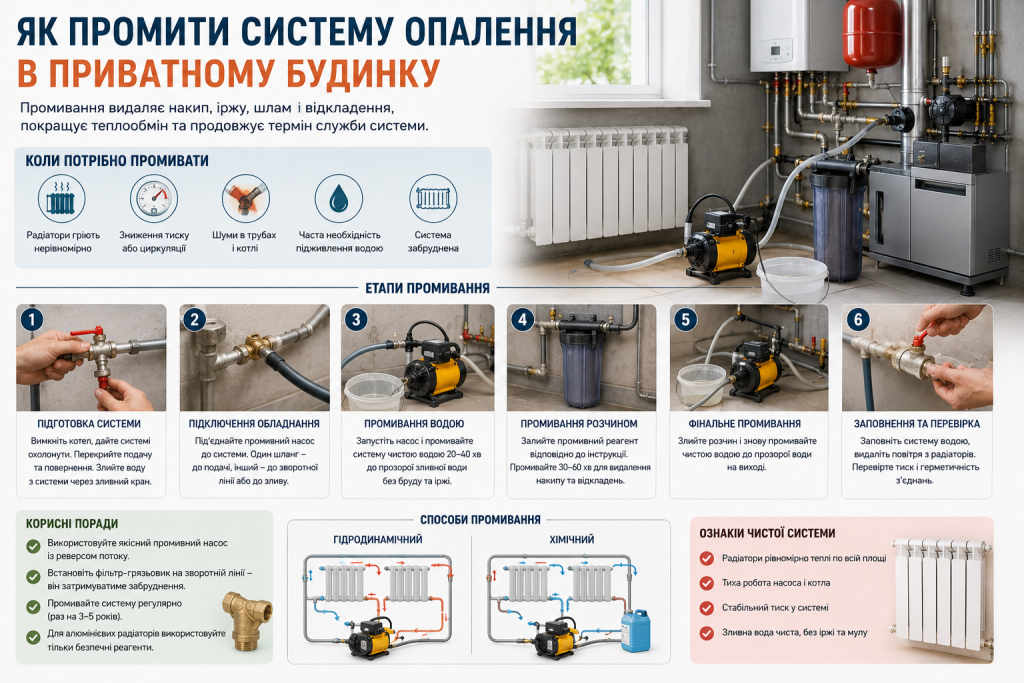 Інфографіка з покроковою інструкцією промивання системи опалення, необхідним обладнанням та схемами очищення труб і радіаторів.