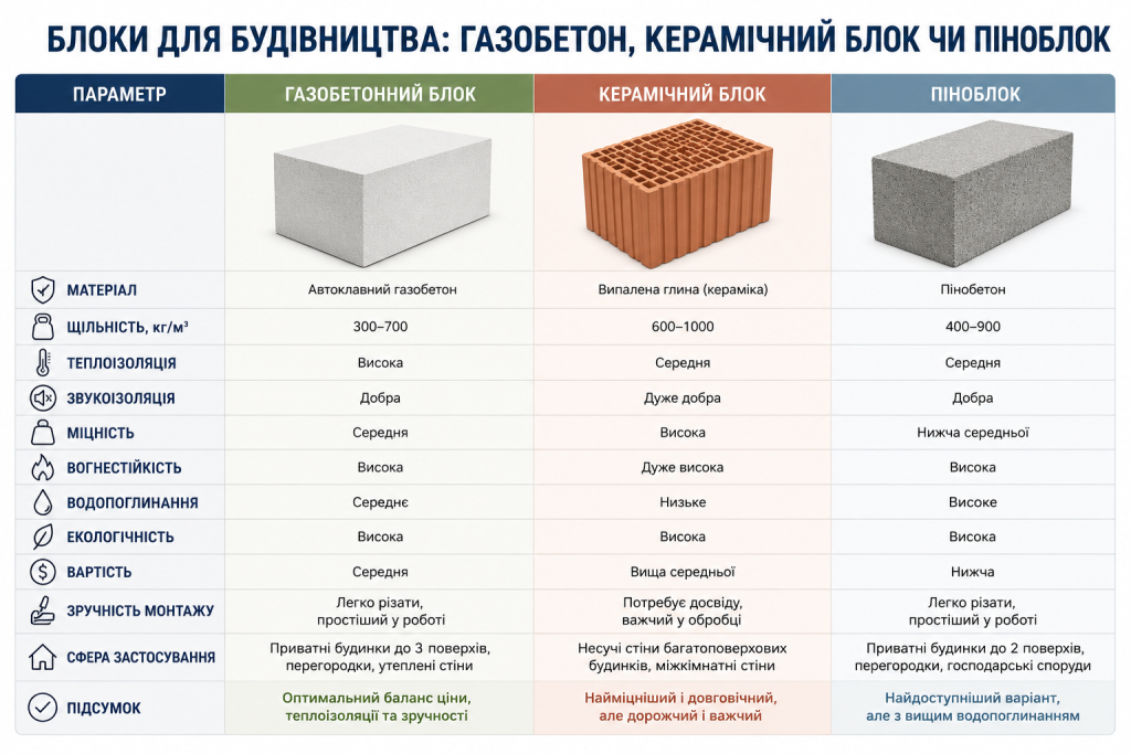 Таблиця порівняння газобетону, керамічних блоків і піноблоків за характеристиками для будівництва