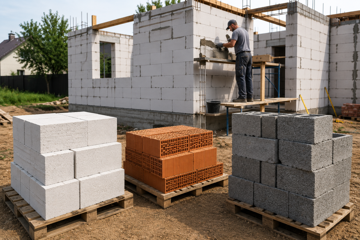Газобетонні, керамічні та пінобетонні блоки на будівельному майданчику під час зведення будинку