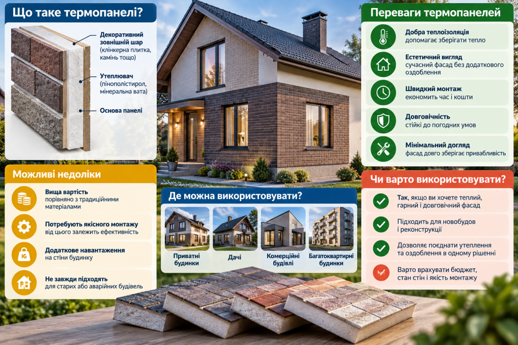 Інфографіка про термопанелі для фасаду, їх будову, переваги, недоліки та використання для утеплення будинку.